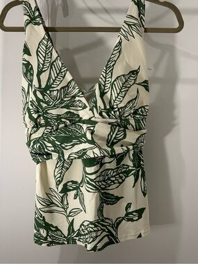 Lands' End Cream and Dark olive Green Leaf-Print Tankini
